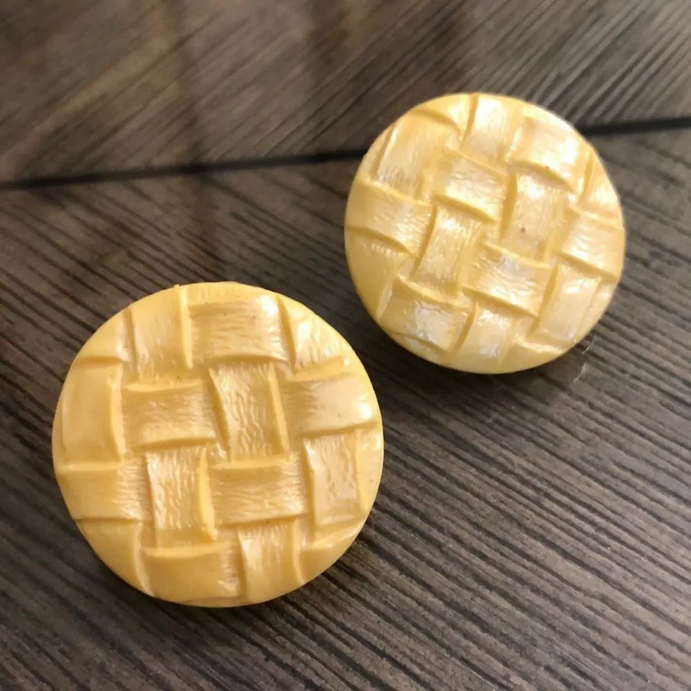 Vintage Pale Yellow Woven Texture Button Earrings